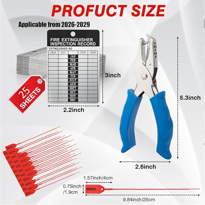 25 Sets 2026–2029 Fire Extinguisher Tags Aluminum Metal Inspection Record Tags 2.2 x 3 Inch with Hole Puncher & Numbered Security Zip Ties for Monthly Fire Extinguisher Inspection Indoor Outdoor