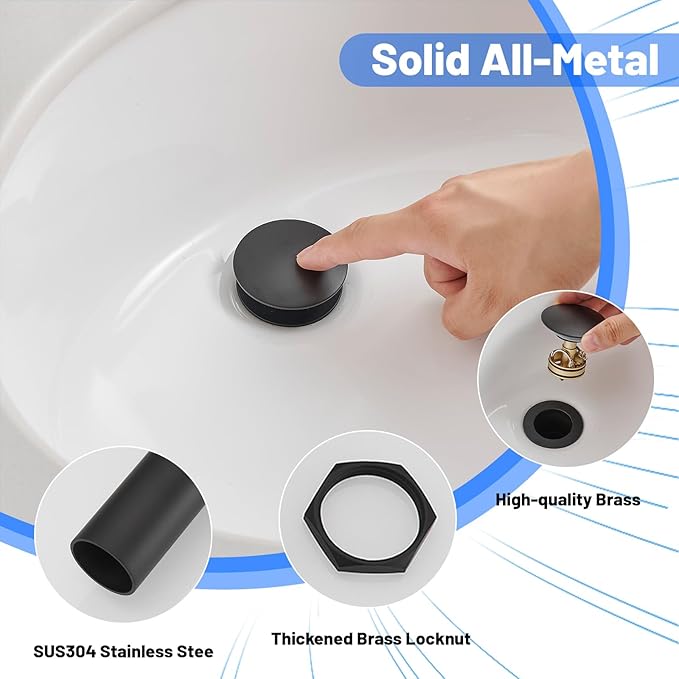 BWE Pop-Up Drain Assembly with Strainer for Bathroom Vessel Vanity Faucet Bathroom Vessel Sink Drain Stopper Without Overflow Sink One-Piece Matte Black