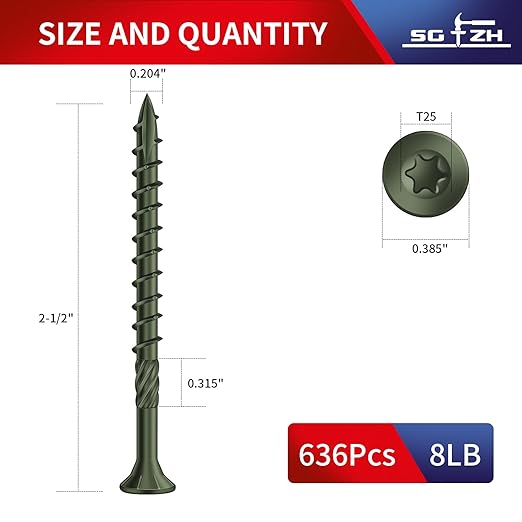 #10 x 2-1/2" Deck Screws (636Pcs) 8lb. Carbon Steel, Green, Flat Head, Rust Resistant epoxy Coated, with T25 Star Bit