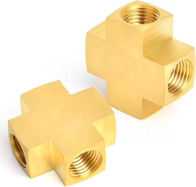 GASHER 3PCS Brass Pipe Fitting, Barstock 4 Way Cross, 1/4" x 1/4" x 1/4" x 1/4" NPT Female Pipe