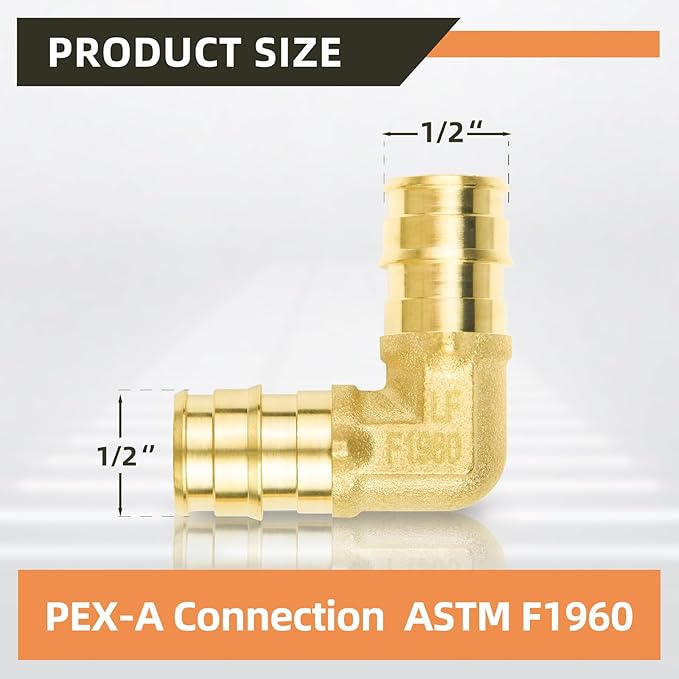 10-Pack YVSKM 1/2" PEX-A 90° Elbow Expansion Fitting, Lead-Free Brass Full Flow Connector, ASTM F1960 & cUPC Certified for Residential Hot & Cold Water and Radiant Heating Systems