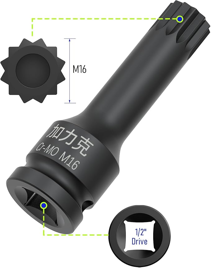 1/2-Inch Drive x M16(16mm) Impact XZN Triple Square Spline Bit Socket, Security Tamper Proof Metric Lengthen Screwdriver Socket Adapter, 3-Inch Length, One-Piece Construction, CR-MO, Black