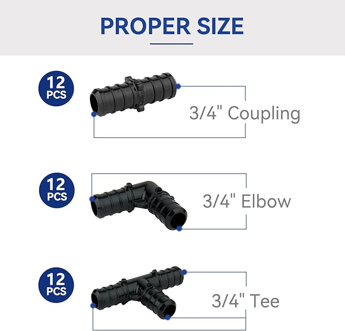 3/4" PEX Poly PPSU Barb Crimp Fittings Combo with Elbow (12 PCS) + Tee (12 PCS) + Coupling (12 PCS),3/4 inch PEX Poly Fitting for PEX Pipe Plumbing Project(36Pack, ASTM F2159)