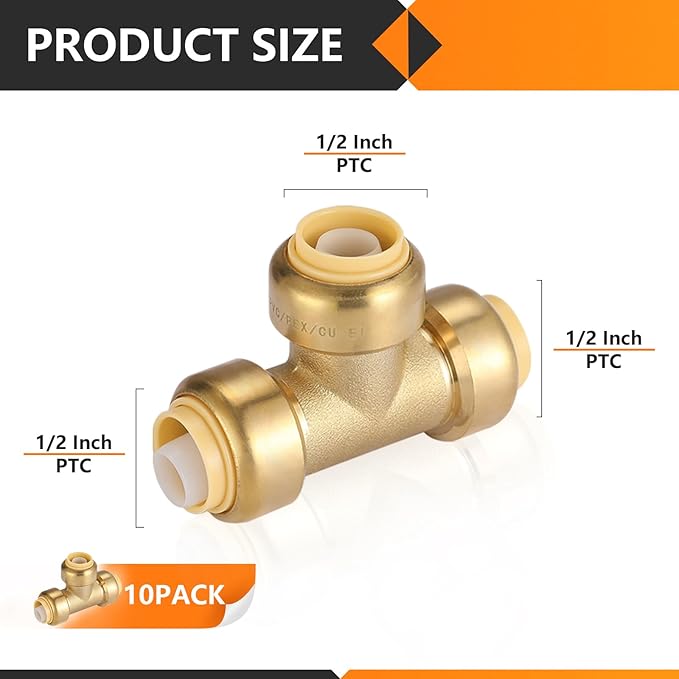 HeSun 10-Pack Pushfit Tee, 1/2"x1/2"x1/2" Push to Connect Plumbing Fittings with Disconnect Clip, Brass Push-fit Fittings for PEX, Copper, CPVC, PE-RT Pipes