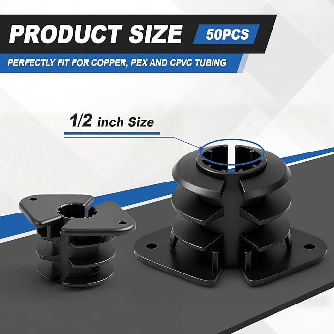 50 Pcs 1/2 Inch Thru Stud Isolation Clamp Durable Pipe Supports for PEX, Copper, Wood, CPVC Pipe Applications Sturdy Plastic Clamp for Long-lasting Reliability