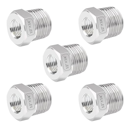 Quickun Stainless Steel Reducing Hex Bushing, 1/2" Male NPT to 1/4" Female NPT, Reducer Bushing Pipe Hose Fitting （Pack of 5）
