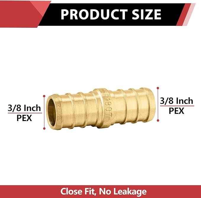 (Pack of 8) EFIELD Pex-B 3/8" Pex X 3/8" Straight Coupling Brass Crimp Fittings,(PEX1807520-8PCS)