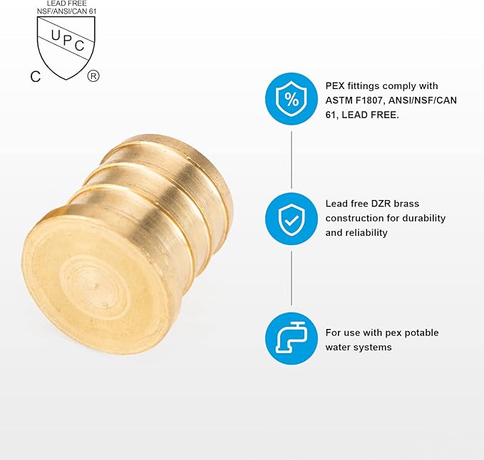 WMAXPFIT(10 Pack) 3/4 Inch PEX Plug F1807, LF Brass crimp fitting for PEX-b pipe