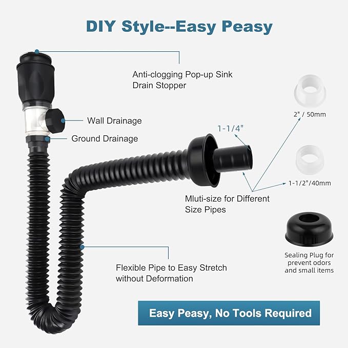 iFealClear Bathroom Sink Drain Kit, Flexible P-Trap Drain Pipe with Pop Up Stopper, Expandable Bathroom Sink Pipe Replacement with 2 Adapters, Fits 1-1/4'', 1-1/2'', 2" Holes, Hair Catcher, Black