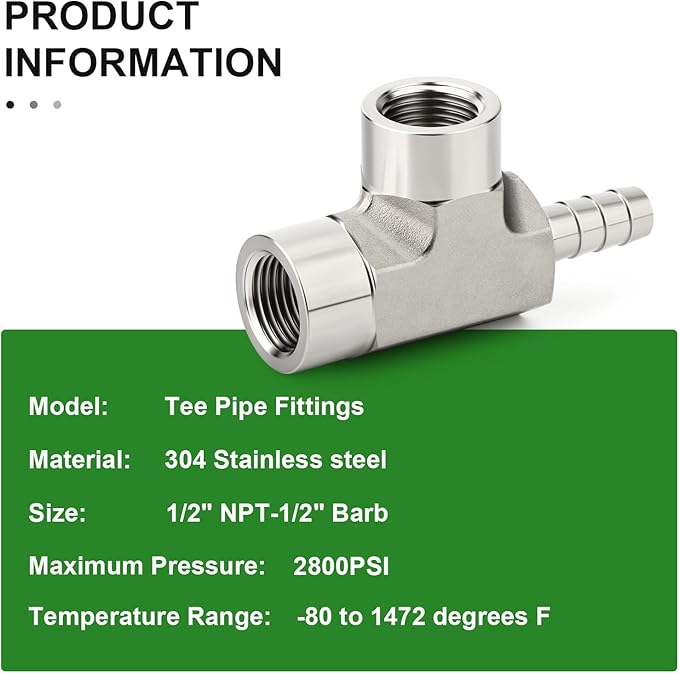 TAISHER 1PCS Forging of 304 Stainless Steel 3 Way Tee Hose Barb Fitting, 1/2" Hose Barb x 1/2" NPT Female x 1/2" NPT Female for Fuel/Air/Lquid/Gas with 2PCS Hose Clamp
