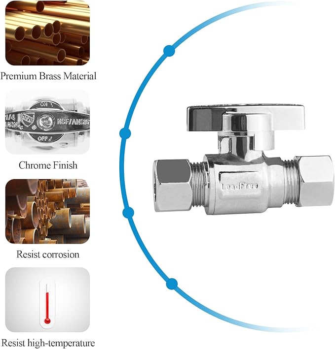 WiseWater 3/8" Compression Straight Stop Valve, 1/4 Turn Toilet Shut Off Valve for Bathroom & Kitchen Water Supply Lines (5-Pack)