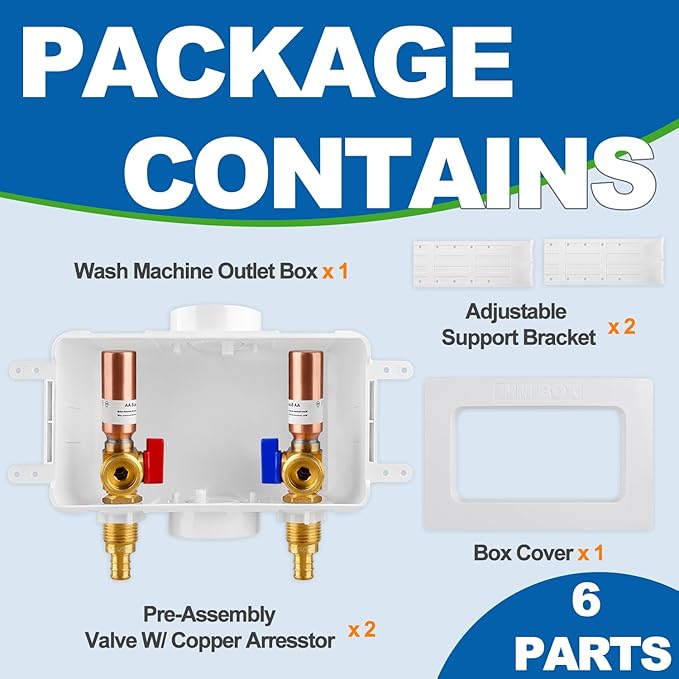 Washing Machine OutLet Box With Copper Water Hammer Arrestor, 1/2 Inch Pex Crimp Inlet x 3/4 Inch MHT Outlet, F1807 Center Drain Laudry Box