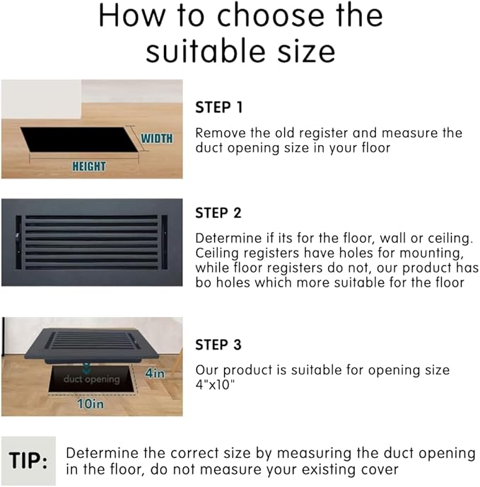 Prima Decorative Floor Register 4x10 – Cast Aluminum Heavy-Duty Air Vent Cover – Matte Black – Walkable Design with Easy-Adjust Louvers – 6x12 Faceplate, 5mm Thick – No Screw Holes