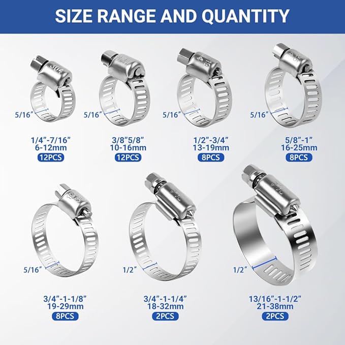 52 PCS Hose Clamp Assortment Kit - 304 Stainless Steel Worm Gear Hose Clamps Adjustable 1/4''- 1-1/2'' (6-38mm) Metal Fuel Line Clamp for Plumbing,Automotive And Mechanical Applications