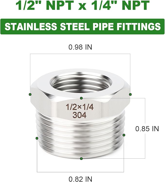 TAISHER 10PCS 304 Stainless Steel New Reducer Hex Bushing, 1/2" NPT Male x 1/4" NPT Female, Reducing Pipe Adapter Fitting