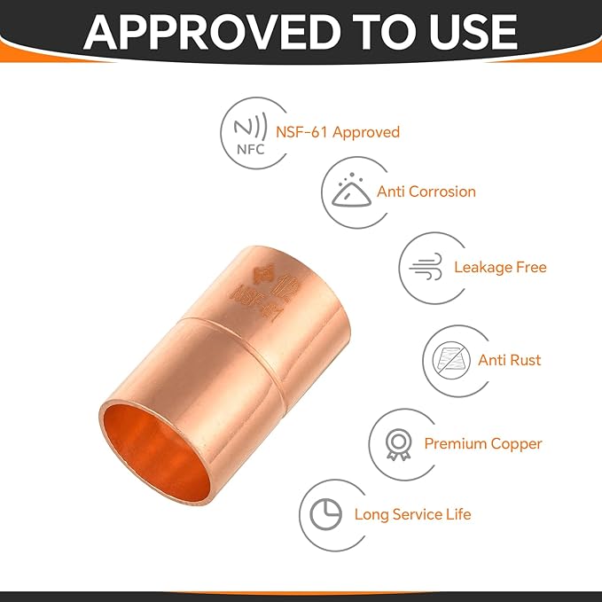 200-Pack HeSun Copper Fittings, 1/2-Inch Copper Coupling with Rolled Stop, C x C with Sweat Solder Connection(COPPER001-200)
