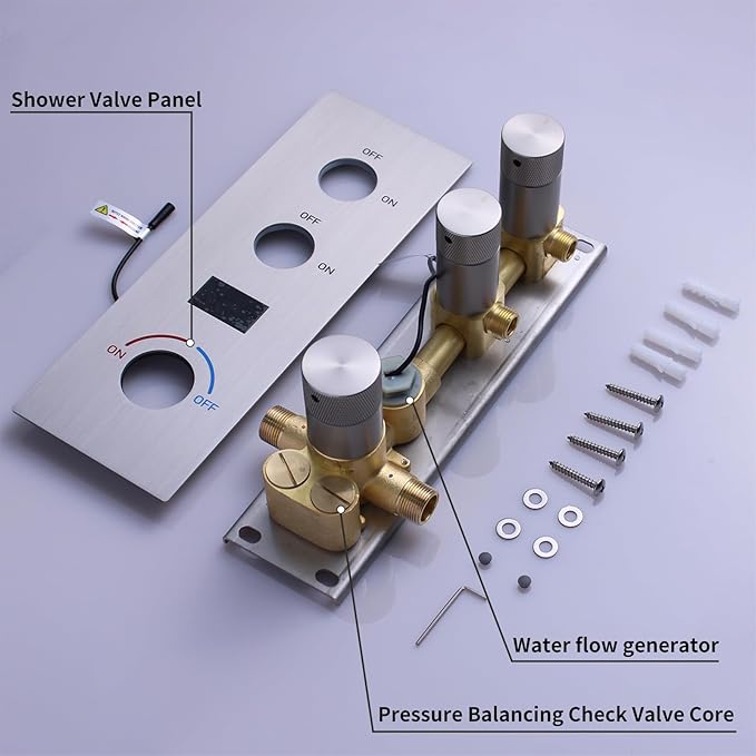 Concealed Mount Brass Shower Valve, Digital Temperature Display, Flow Control Mixing Valve, 2 Function, Brushed Nickel