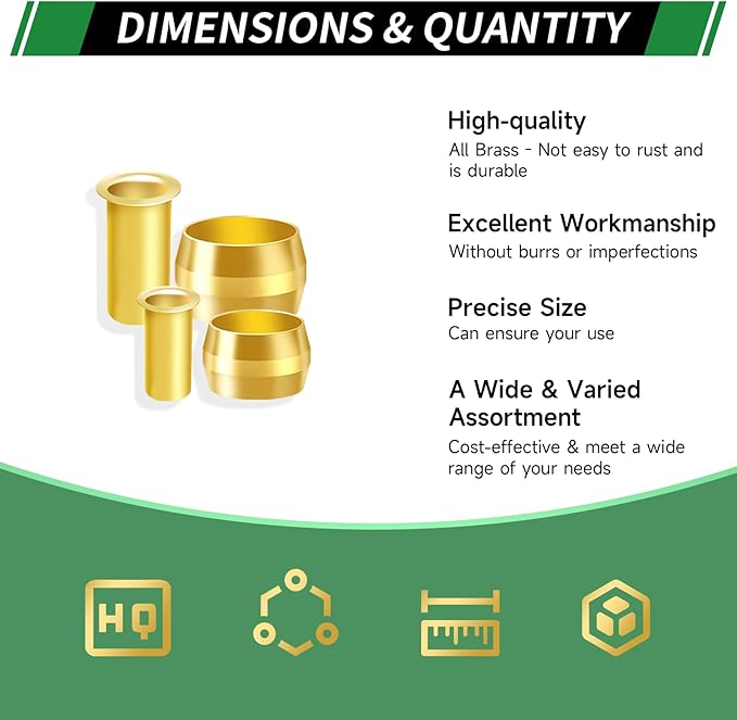 110pcs Brass Compression Sleeves Ferrules Inserts Fittings Assortment Kit, 3/8" 5/16" 1/4" 3 Sizes Air Hose Ferrules Kit of Air Water Fuel Oil Gas Tube Lines