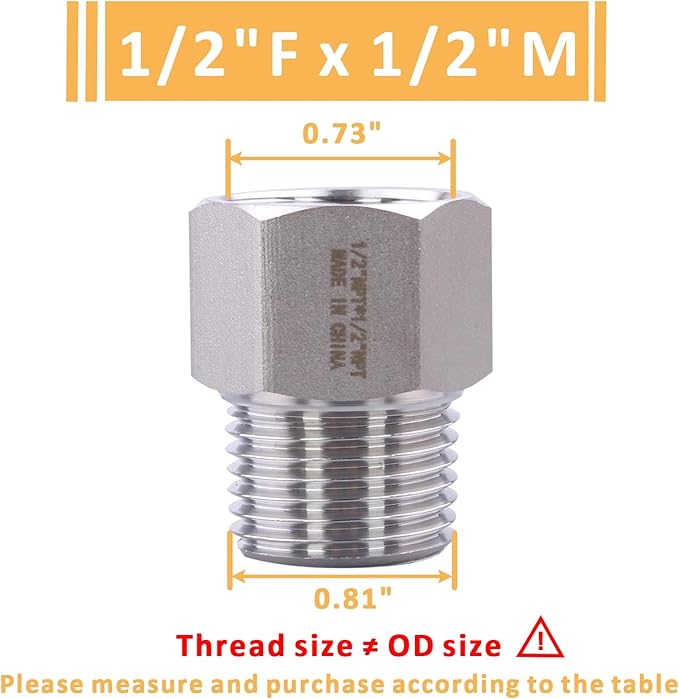 Forged Reducer Adapter Fitting - Stainless Steel 304 Reducing Pipe Connector, 1/2" NPT Female x 1/2" NPT Male (pack of 5)