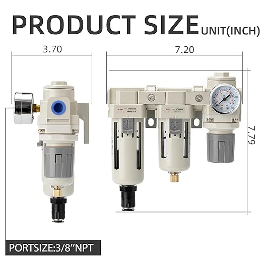Air Filter Dryer 3/8 NPT Auto Drain+Semi-Auto Drain-Double Air Filters,Air Pressure Regulator,Air Compressor Water Separator(0-150PSI)