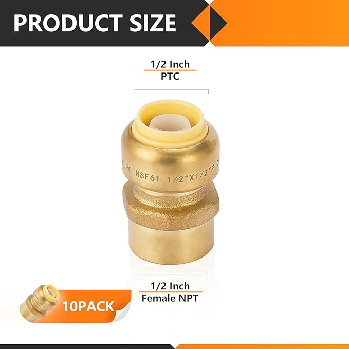 10-Pack HeSun Pushfit Female Adapter, 1/2" FNPT x 1/2" Push to Connect Plumbing Fittings with Disconnect Clip, Brass Push-fit Fittings for PEX, Copper, CPVC, PE-RT Pipes(PF030-10)