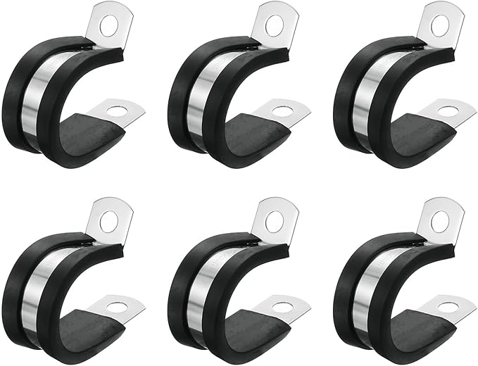uxcell 7/8"(22mm) Cable Clamp, 304 Stainless Steel Rubber Cushioned Insulated Clamp R Shape Metal Clamp Tube Holder for Pipe Hose Wire Cord Installation 6Pcs