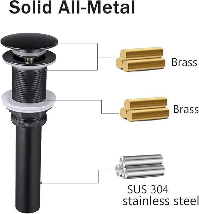 Pop Up Sink Drain Without Overflow, Bathroom Sink Push Pop Up Assembly Vessel Sink Drain Without Overflow. (Matte Black)
