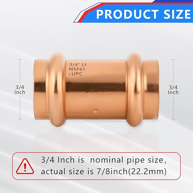 Copper Press Fittings 3/4 Inch Coupling with Stop No-Lead Plumbing Pipe Connector | Compatible with Copper Pipes, Water Supply & Hydronic Heating Systems | Durable Press Fit Design,10-Pack