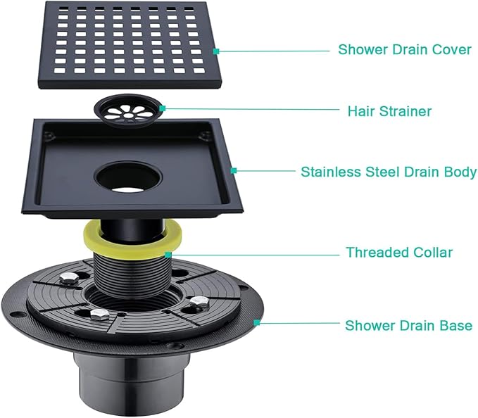 6 Inch Square Shower Floor Drain with Flange,Matte Black SUS 304 Stainless Steel Shower Drain Kit Floor Drain,Removable Grid Grate, Hair Strainer ﻿