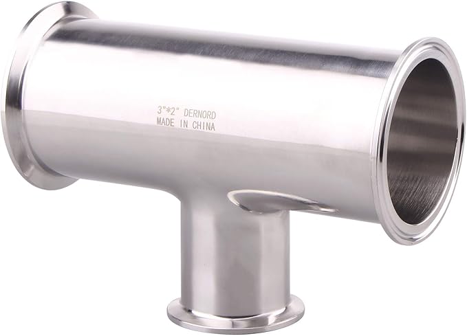 DERNORD Reducing Clamp Tee 3 Way Stainless Steel 304 Sanitary Fitting (3 inch x 3 inch x 2 inch)