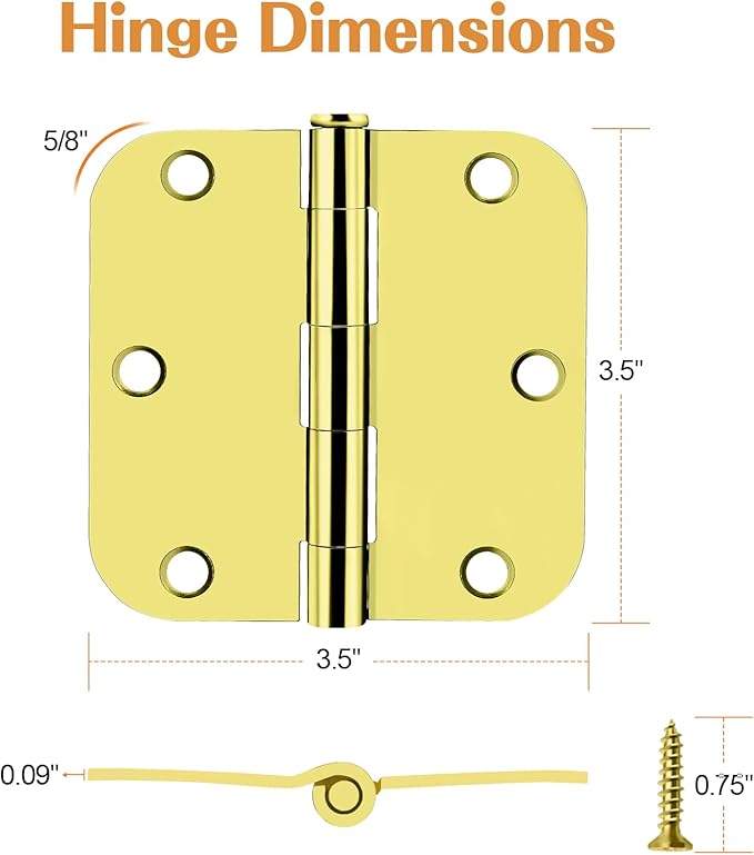 Probrico Interior Door Hinges Polished Brass, 3.5 X 3.5 Inch Door Hinges Rounded 5/8" Radius Corners, Nickel Hinges for Door Hardware, 48 Pack