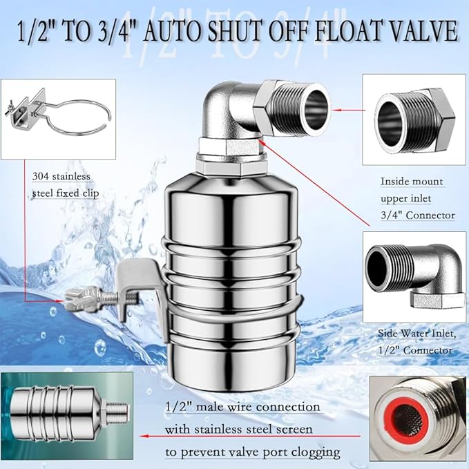 2PCS Float Valve,1/2" to 3/4'' water level control float valve, 304 Stainless Steel Fully Automatic water shut off valve, Automatic Water Level Controller for Water Tank, Pool, Livestock Troughs.