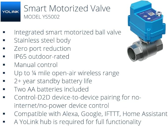 YoLink LoRa Smart Water Leak Protection System, Including 1/2" Commercial Grade Smart Motorized Stainless Steel Valve, (3) Water Leak Sensors, Hub: Up to 1/4-Mile Range, IFTTT, Alexa, Home Assistant