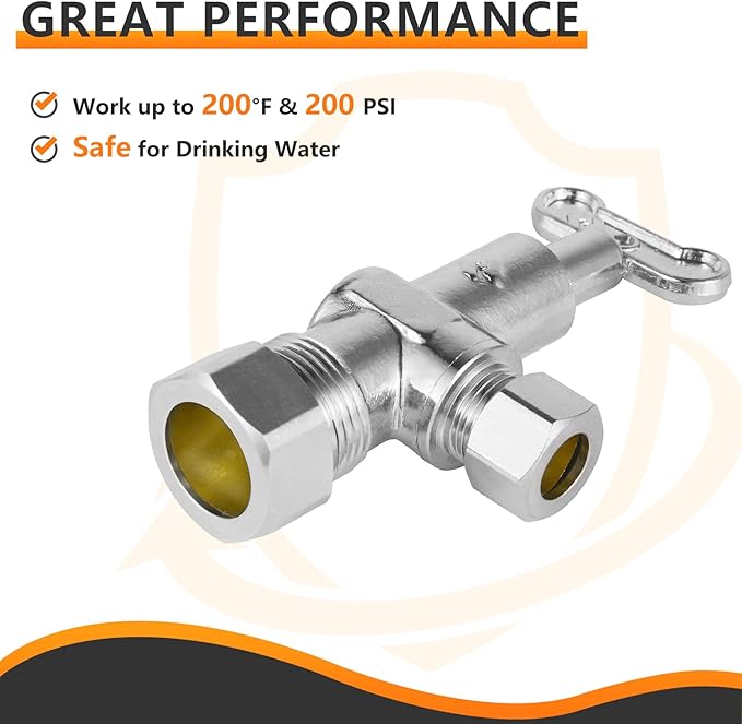 50-PCs HeSun Loose Key Angle Stop Valve, 1/2" Nominal (5/8"OD) Compression x 3/8" OD Compression, 1/4 Turn Shut Off Valve, PEX Chrome Plated Brass