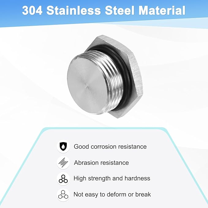 1-Pack Outer Hex Head Thread Pipe Plug Fitting, M22x1.5mm Male 304 Stainless Steel Solid Thread Bung Plug with Sealing Ring for Terminating Pipe Ends