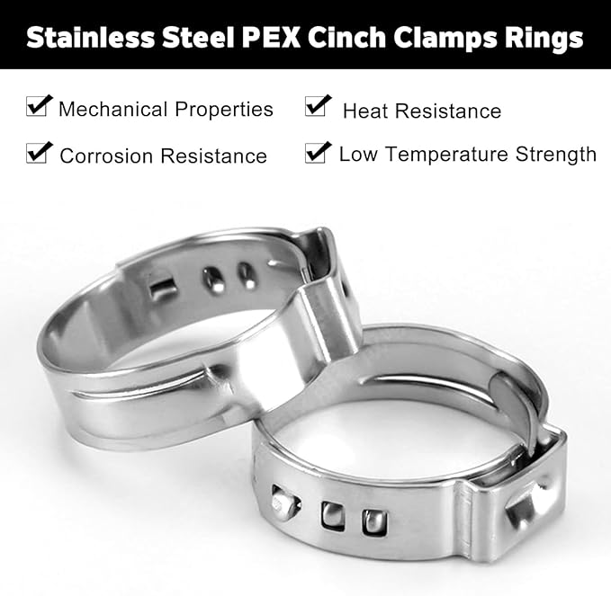 50 Pack 1/2 Inch PEX Cinch Clamp Rings, Stainless Steel Crimp Pinch Ring Clamps for PEX Tubing Pipe Fitting Connections