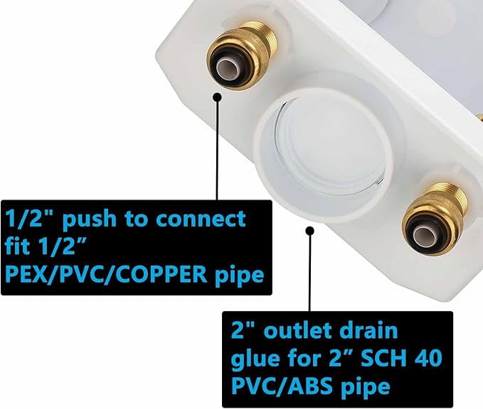 (1 Pack) Lidertik Washing Machine Outlet Box Push to Connect with Hammer Arrestors and Center Drain, Inlet 1/2 inch Push to Connect x Outlet 3/4 inch Male Thread, Absorb Shock And Reduce Noise 651-11