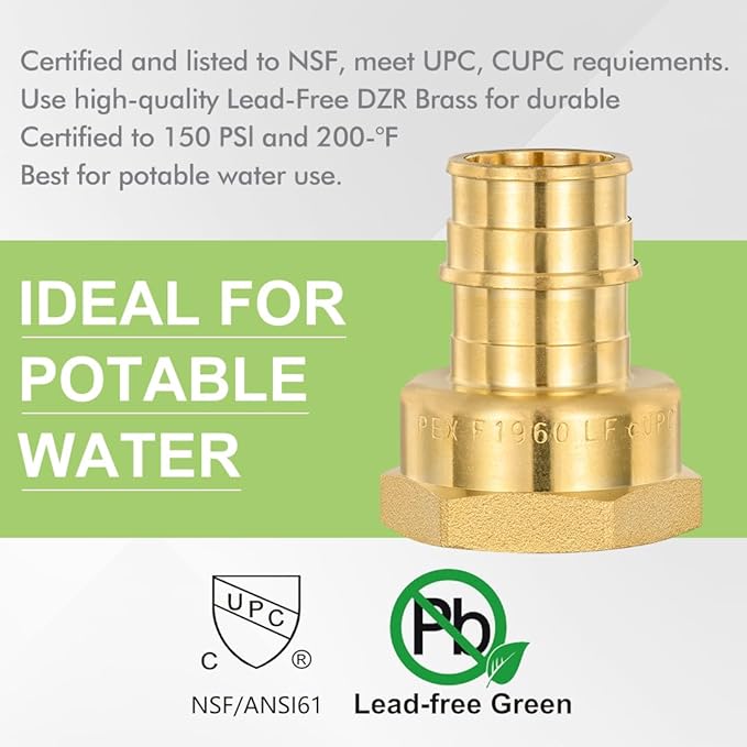 10 Pack Brass Expansion Female Adapter Fittings, 3/4 Inch Female NPT to 3/4 Inch PEX-A Brass Expansion PEX-A Fittings,NSF/ANSI 61 NSF 372 Certificate, ASTM F1960 Certified