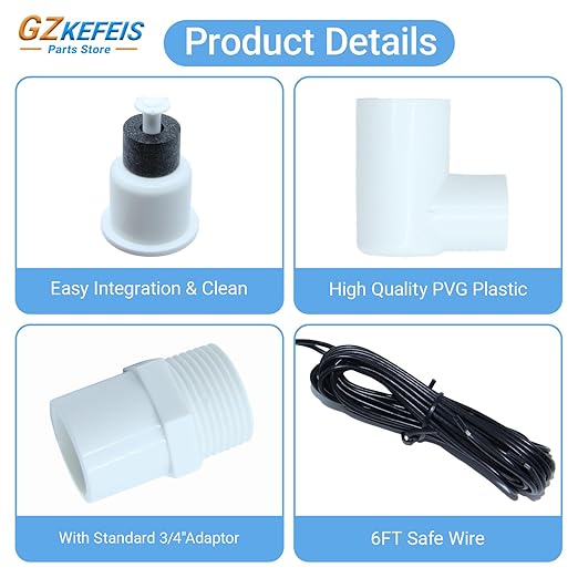 SS2 Float Switch L Shape, Compatible with Safe-T-Switch for HVAC Drain Pan Condensate Outlet, AC Water Level Switch with 3/4 Inch Adapter and 6Ft Wire (5, White)