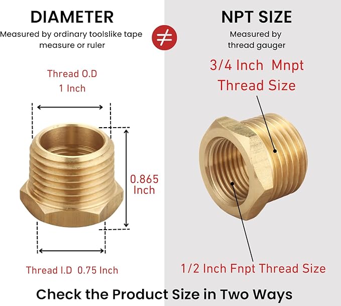 3/4 Inch NPT Male x 1/2 Inch NPT Female Brass Reducer Hex Bushing, Thread 1" OD to 0.75" ID, (2 Piece)