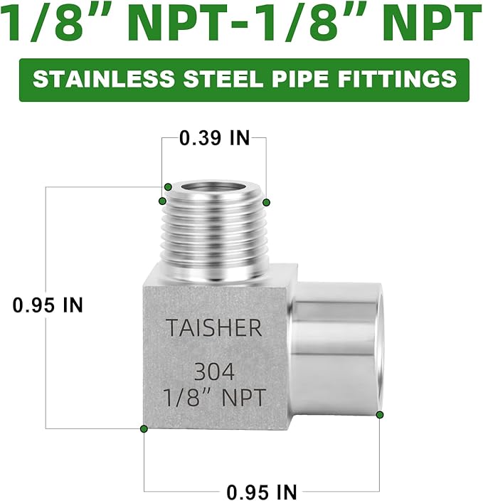 TAISHER 2PCS 304 Stainless Steel Square 90 Degree Barstock Street Elbow, 1/8 Inch NPT Male Pipe to 1/8 Inch NPT Female 304 Stainless Pipe Fitting