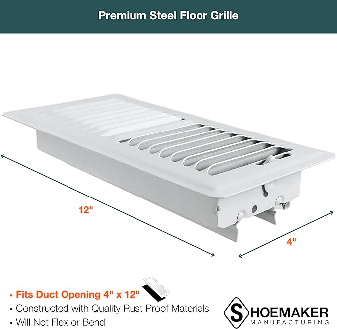 Shoemaker 4x12 Floor Register – Soft White Heavy Duty Metal Floor Vent Cover for Home Floors - Premium Forced Air Vent Covers