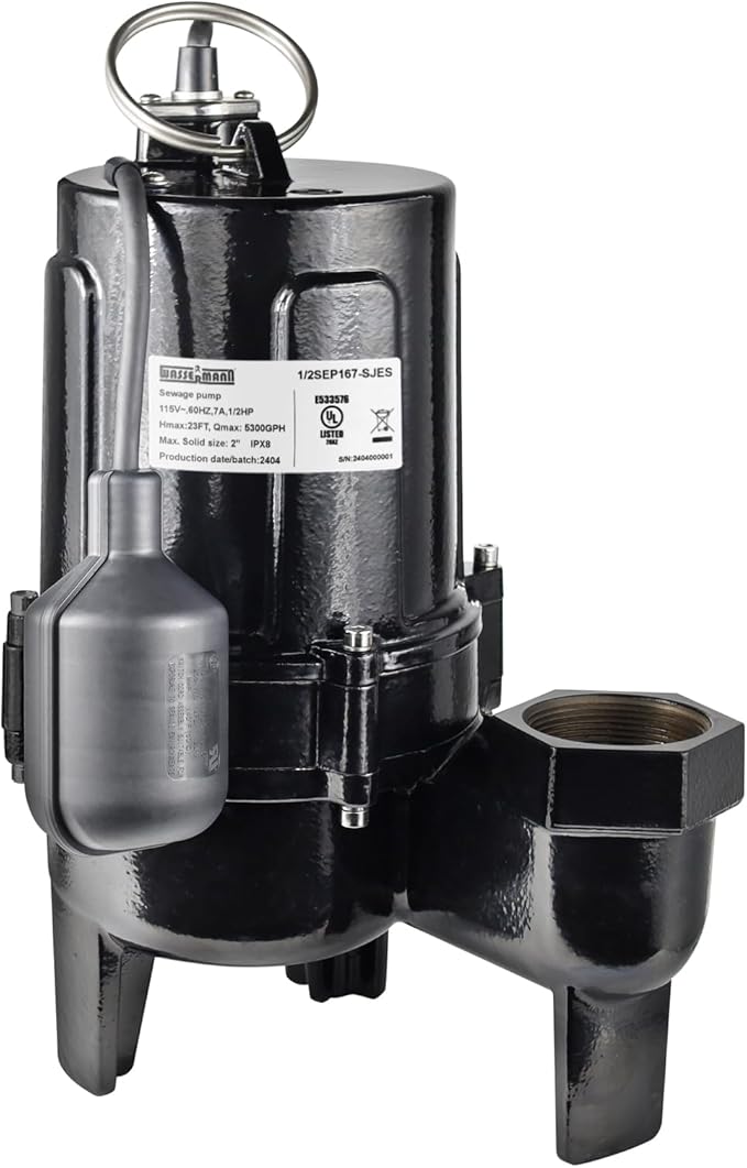WASSERMANN 3/4 HP Sewage Pump 2 inch Discharge with Auto Float Switch, 115V 7200 GPH Cast Iron Submersible Sewer Pump, Sump Pump for Basement Sump Basin Sewer Well 2" NPT Discharge with 10 FT Cable