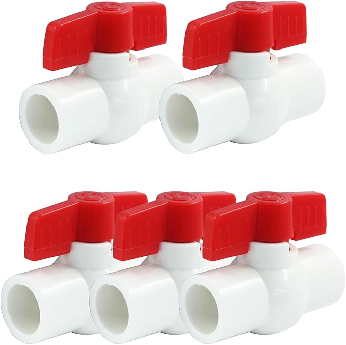 5 Pcs 1/2 Inch PVC Ball Valves, Water Shut Off Valves, 20mm Socket with Red T-Handle, Rated at 150 PSI Pipe Fittings for Swimming Pool, Plumbing & Irrigation Systems