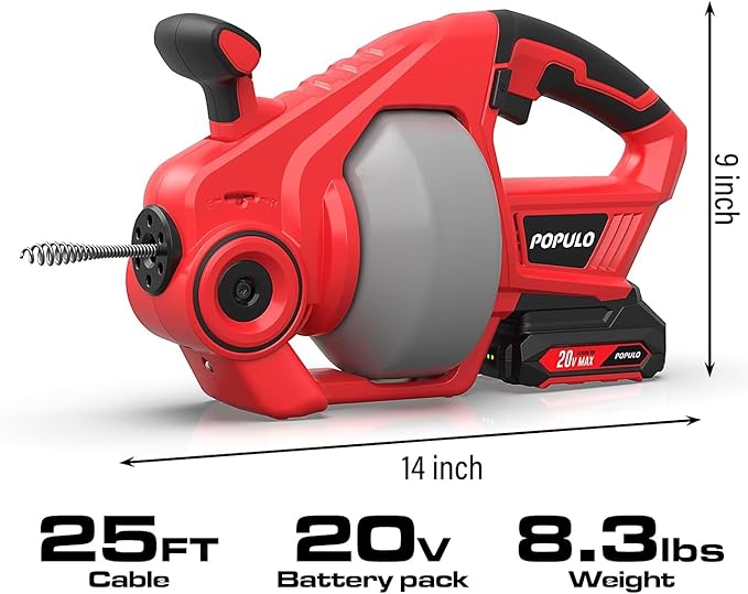 POPULO 20V Cordless Electric Drain Auger-Efficient 25Ft Auto-Feed Drain Snake with Replaceable Cable,2.0Ah Battery,Charger,Storage Bag & Gloves for Kitchen,Bathroom,Shower Pipes (3/4"-2")"