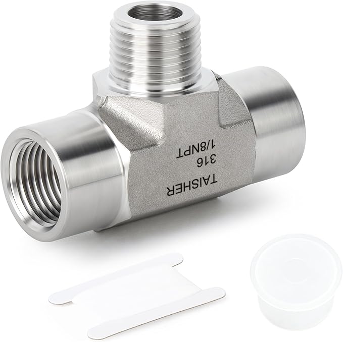 TAISHER 1PCS Forging of 316L Stainless Steel Tee Pipe Fittings, 1/8" NPT Female x 1/8" NPT Male x 1/8" NPT Female Pipe Fittings, Male Branch Tee