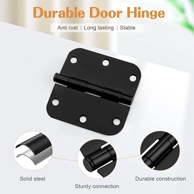 Probrico Interior Door Hinges Black, 3.5 X 3.5 Inch Door Hinges Rounded 5/8" Radius Corners, Black Hinges for Door Hardware, 30 Pack