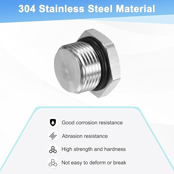 1-Pack Outer Hex Head Thread Pipe Plug Fitting, M20x1.5mm Male 304 Stainless Steel Solid Thread Bung Plug with Sealing Ring for Terminating Pipe Ends