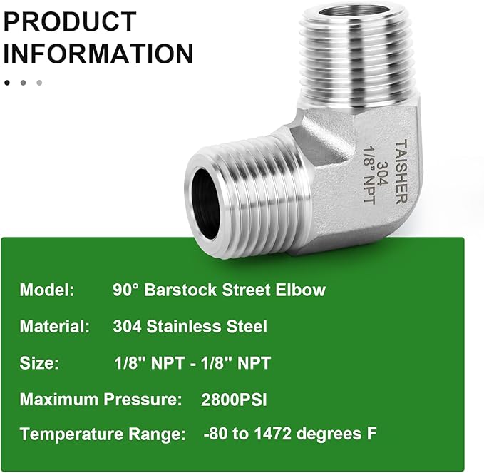 TAISHER 2PCS 304 Stainless Steel 90 Degree Barstock Street Elbow, 1/8" NPT Male Pipe to 1/8" NPT Male 304 Stainless Pipe Fitting