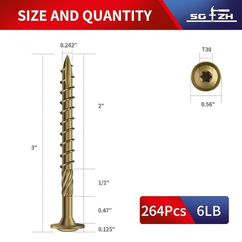 #14 x 3 Inch Lag Screws (264Pcs) 6lb. Structural Wood Screw, Bronze, Carbon Steel Washer Head, Rust Resistant epoxy Coated, T30 Star Bit